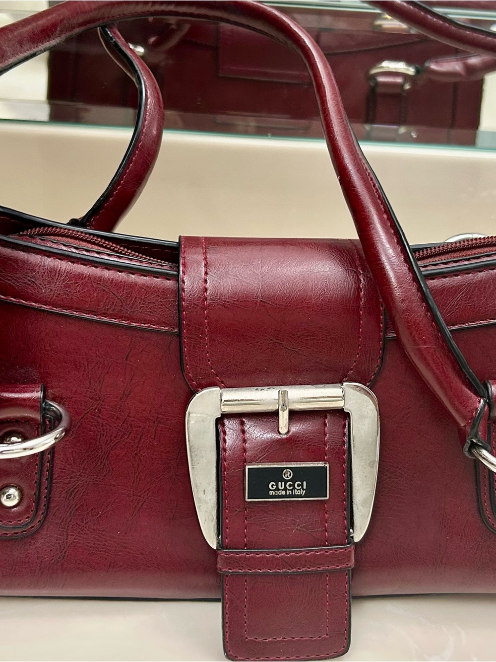 Gucci Burgundy Leather Shoulder Bag with Silver Buckle - Picture 1 of 4